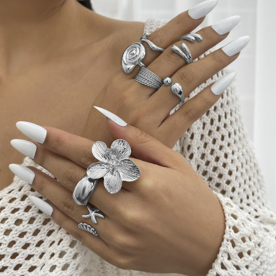 Wholesale Alloy Metal Flower Open Ring Set - Trendy Stackable Ocean Style Rings for Women Everyday Wear Gift