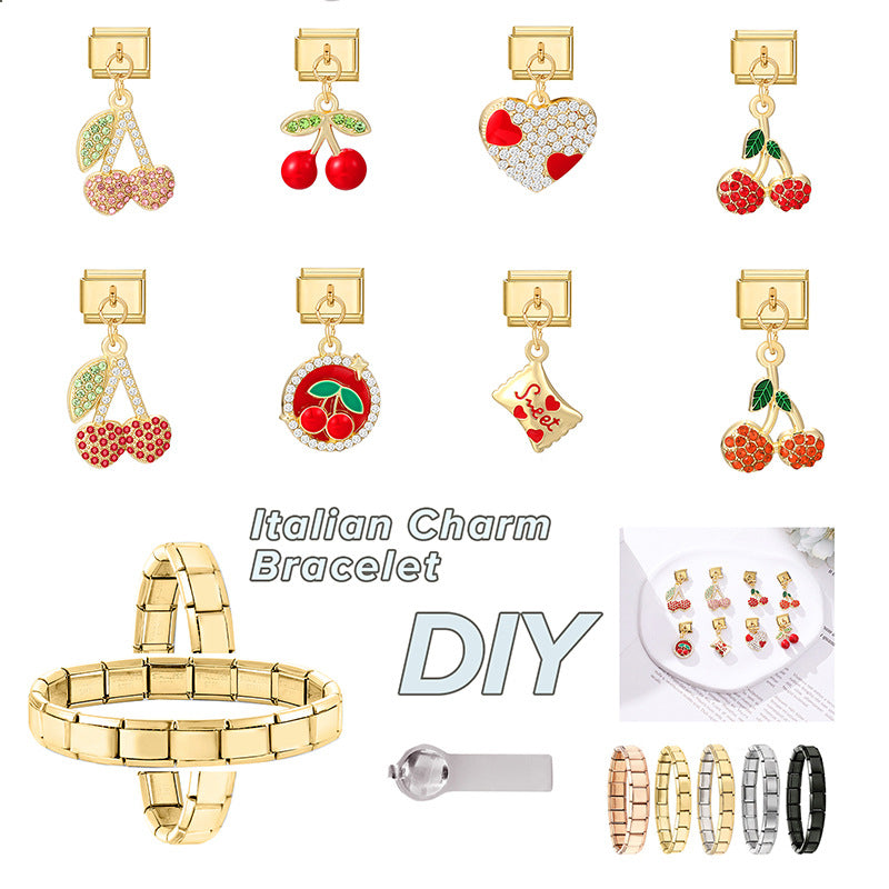 Wholesale Italian Charm Bracelet 9mm DIY Splicing Cherry Pendant Stainless Steel Composable Bracelet