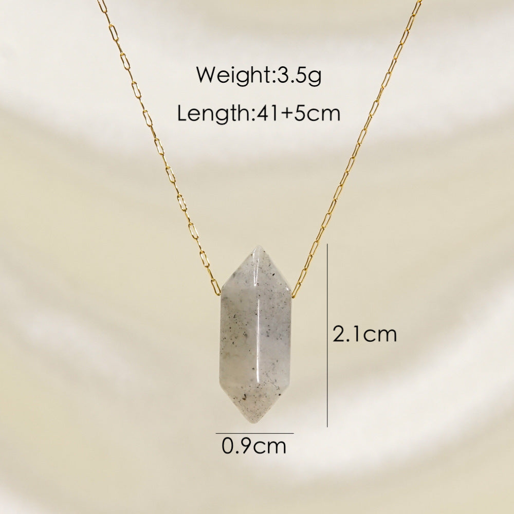 Wholesale Natural Crystal Double-pointed Multi-faceted Hand-polished Hexagonal Prism Pendant Stainless Steel Necklace