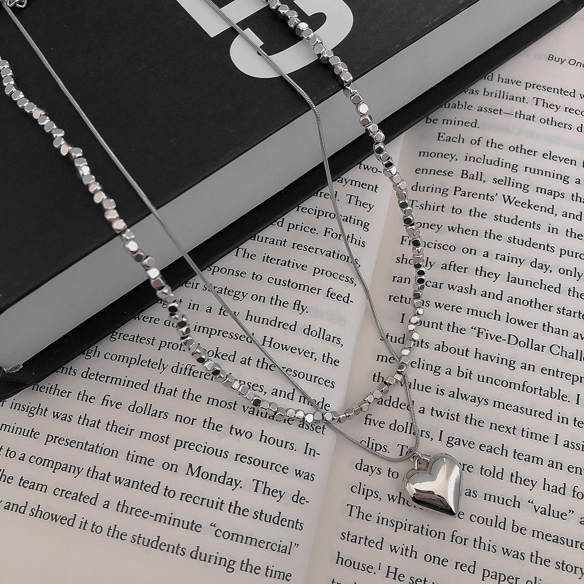 Wholesale Silver Small Square Double Layer Love Necklace Heart Necklace Titanium Steel ACC-NE-NS005