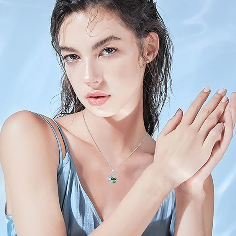 Wholesale Fashion Cute Little Frog Hollow Moon Curved Gem Oil Drop Animal Pendant Necklace