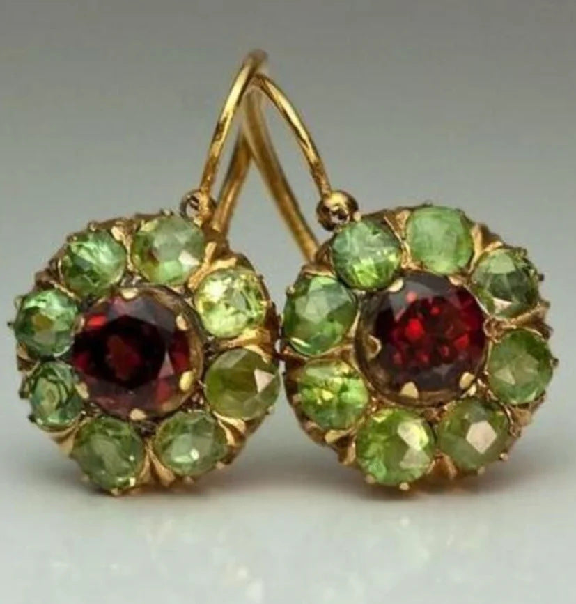 Wholesale Victorian Style Two-Tone Gemstone Earrings Red Garnet with Peridot Antique Drop Earrings Fashion Accessory