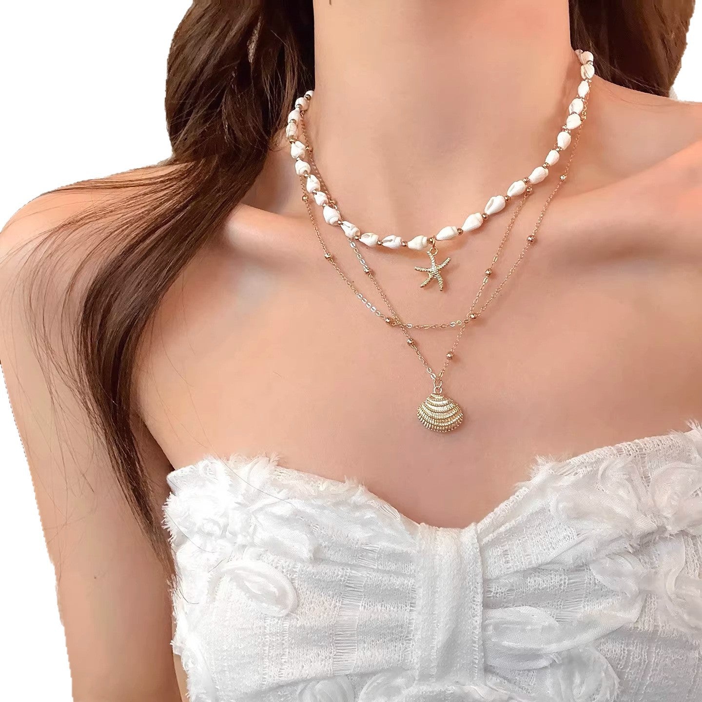 Wholesale Capri Walk Gold Multi-Layer Shell Bead Necklace Beach Vacation Accessory