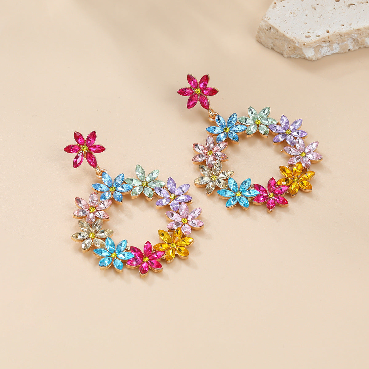 Wholesale Colored Diamond Earrings Full Diamond Flower Alloy Earrings ACC-ES-JL006