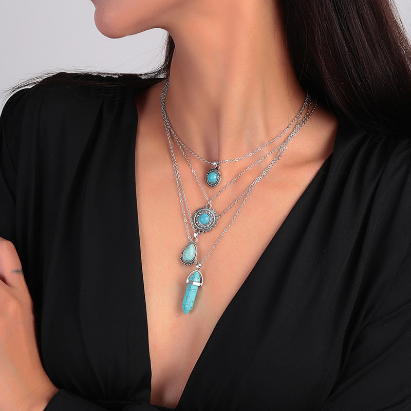 Wholesale Retro Chinese Style Alloy Turquoise Necklace,  Fashion Jewelry Accessory for Boutique Resale