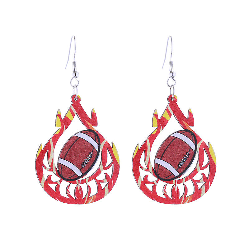 Wholesale Flame Super Rugby Baseball Sports Style Wooden Hollow Earrings