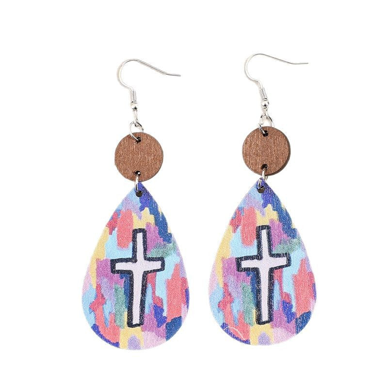 Wholesale Retro style teardrop-shaped stitching log cross wooden earrings
