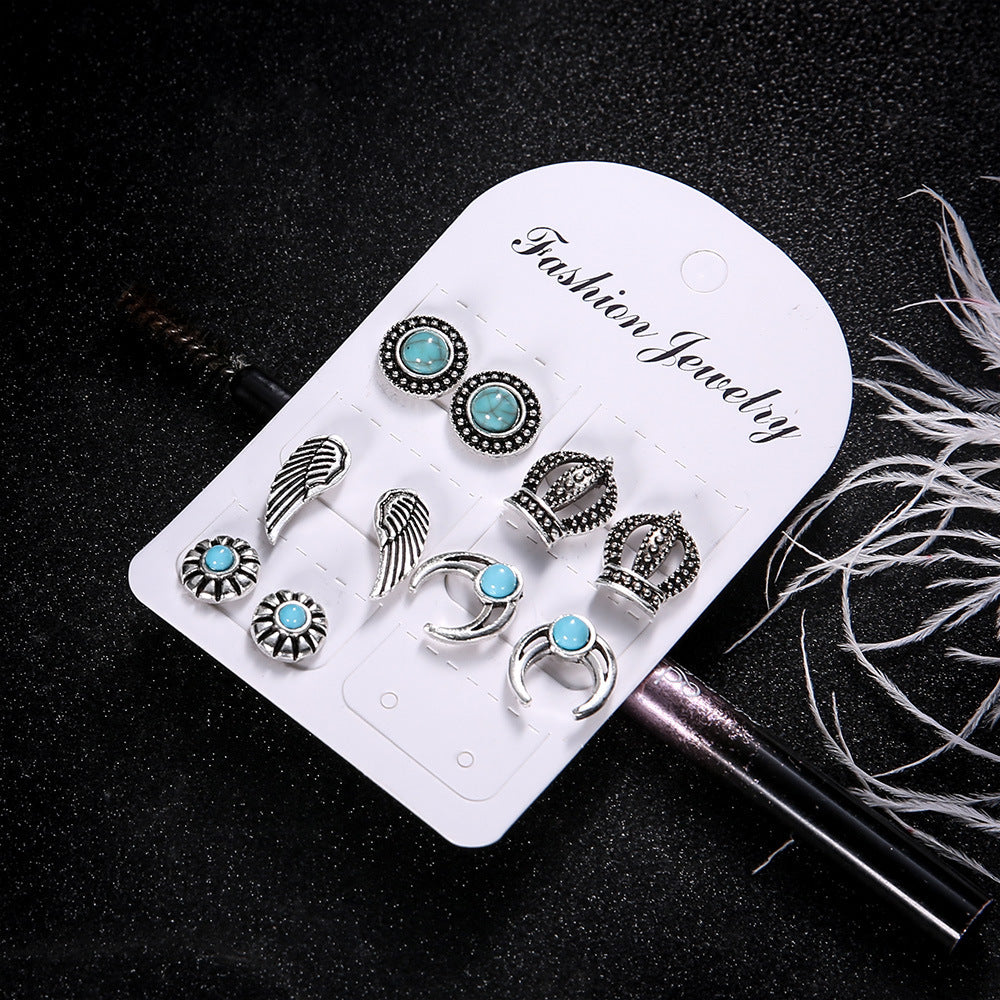 Wholesale  Bohemian style  crown crescent wings set turquoise earrings