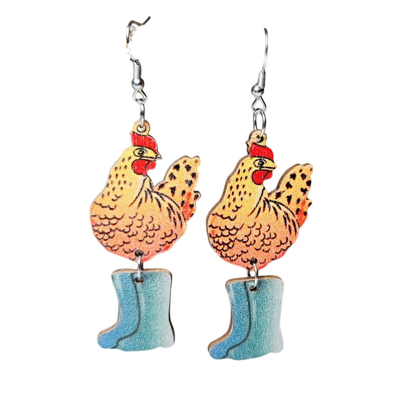 Wholesale Cute hen and chick stitching pendant wooden double-sided earrings