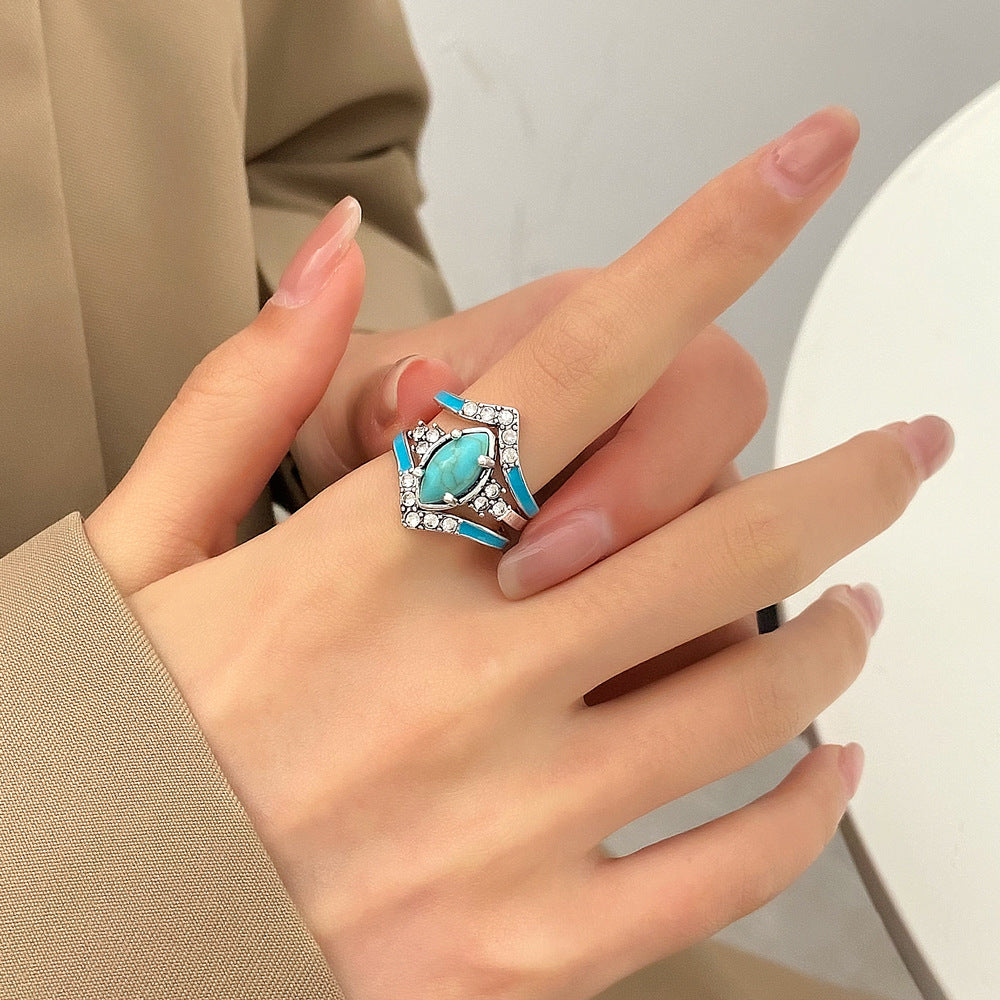Wholesale Creative Retro Turquoise Set with Diamond Three-piece Set Women' s Set Ring