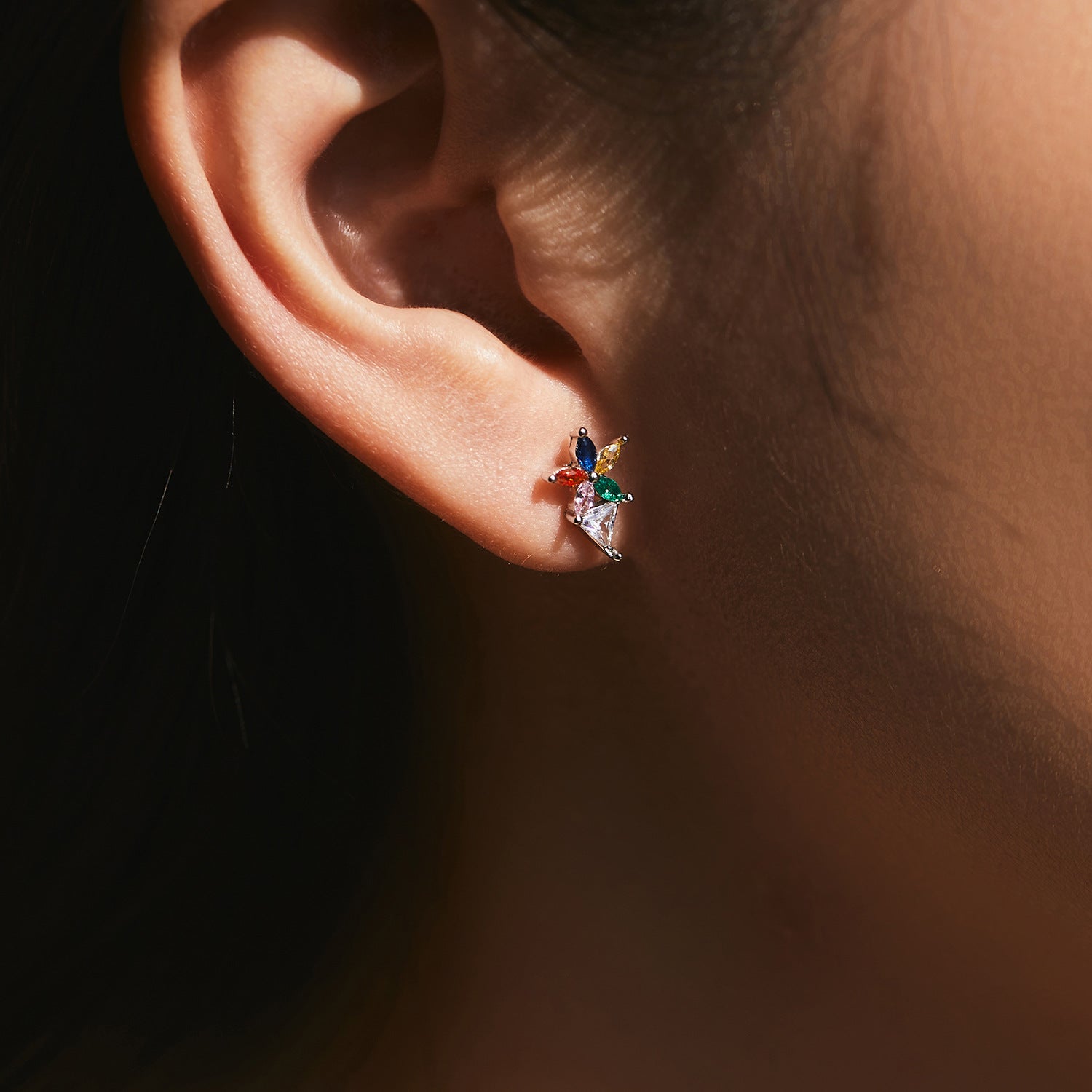 Wholesale  S925 Sterling Silver  Rainbow Color Full Diamond Flower Earrings