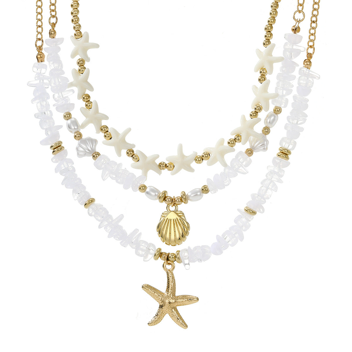 Wholesale Stylish Faux Pearl Layering Necklace Beach Starfish Shell Retro Alloy Electroplated Jewelry Fashion Accessory For Vacation Boutique Resale