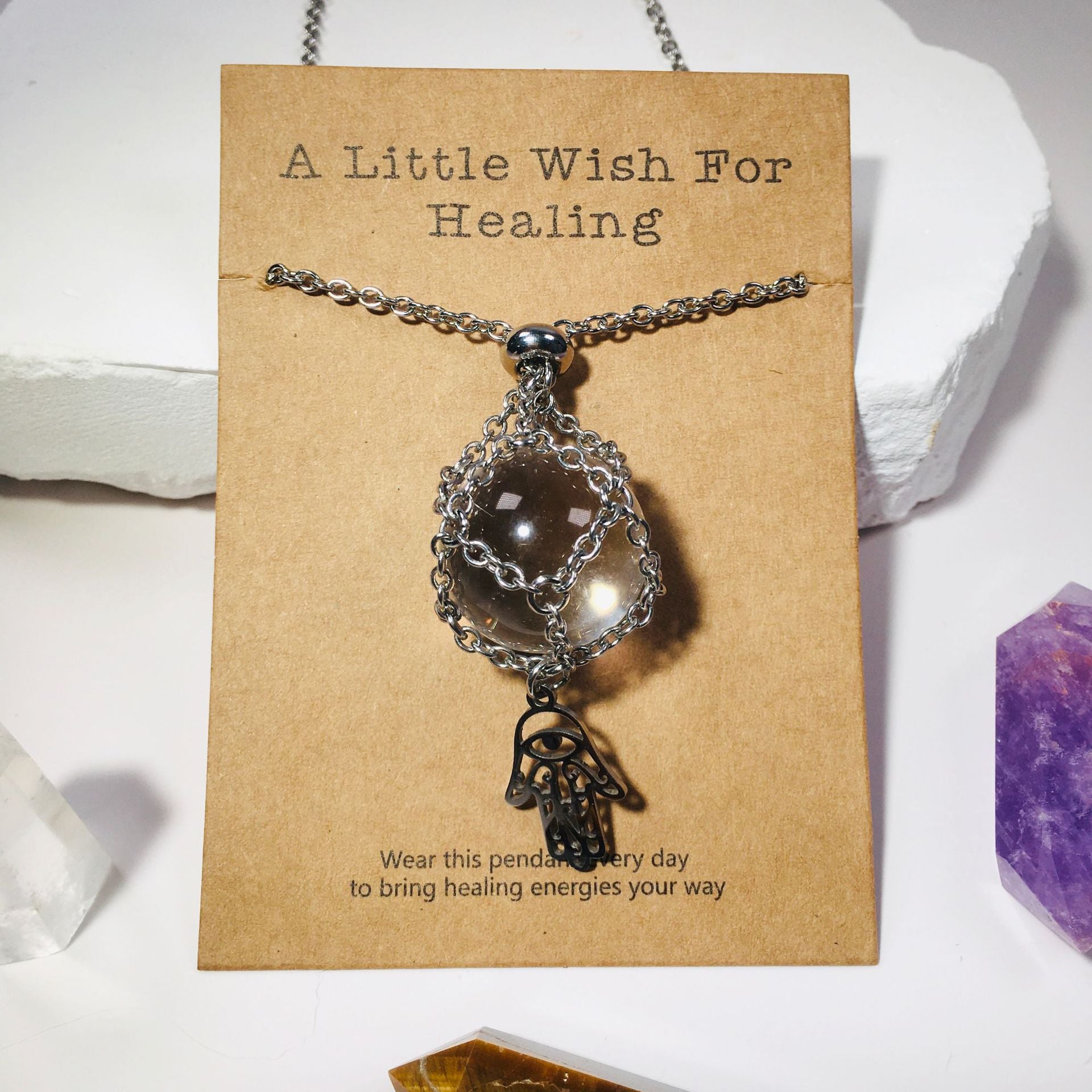 Wholesale Fatima Palm Replaceable Crystal Natural Stone Adjustable Metal Mesh Pocket Necklace ACC-NE-RongGuan004