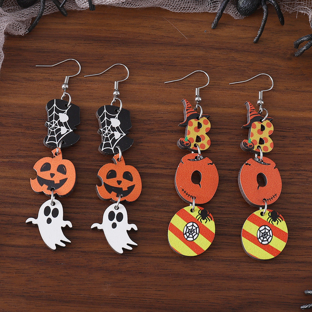 Wholesale Halloween Ghost Face Pumpkin Ghost Triple Stitching Wood Gothic Earrings ACC-ES-ChuLian064
