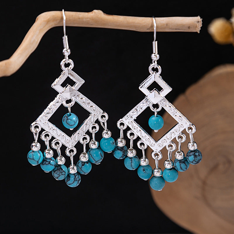 Wholesale Retro Ethnic Style Blue Turquoise Hollow Ring Flower Tassel Earrings Jewelry Accessory