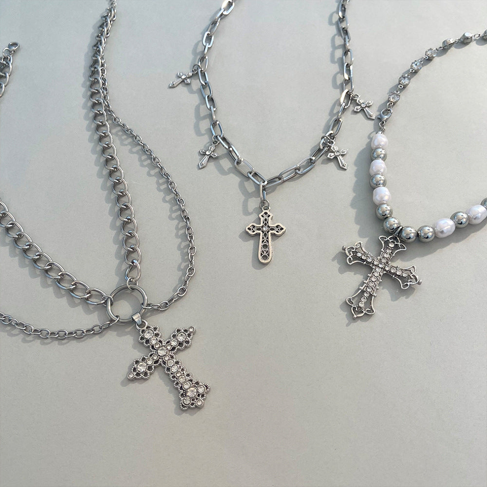 Wholesale Vintage Alloy Pearl Cross Pendant Multi-layered Sweater Necklace Long Necklace ACC-NE-MY005