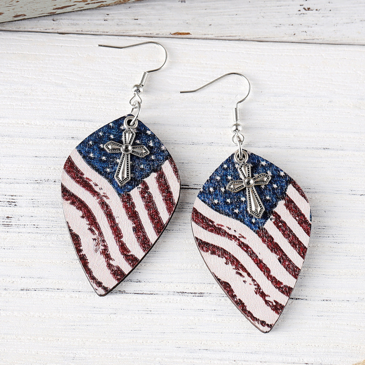 Wholesale Independence Day Dressed Red White Blue American Flag Cross Pendant Earrings