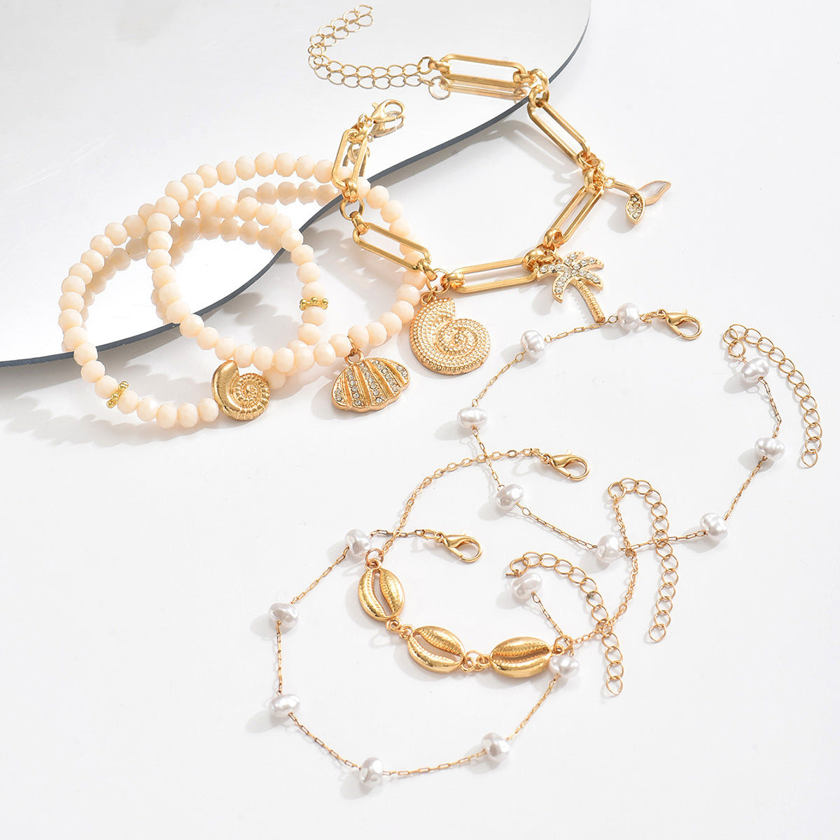 Wholesale Bohemian  Rice Bead Bracelet Alloy Conch Shell Pendant Bracelet Set