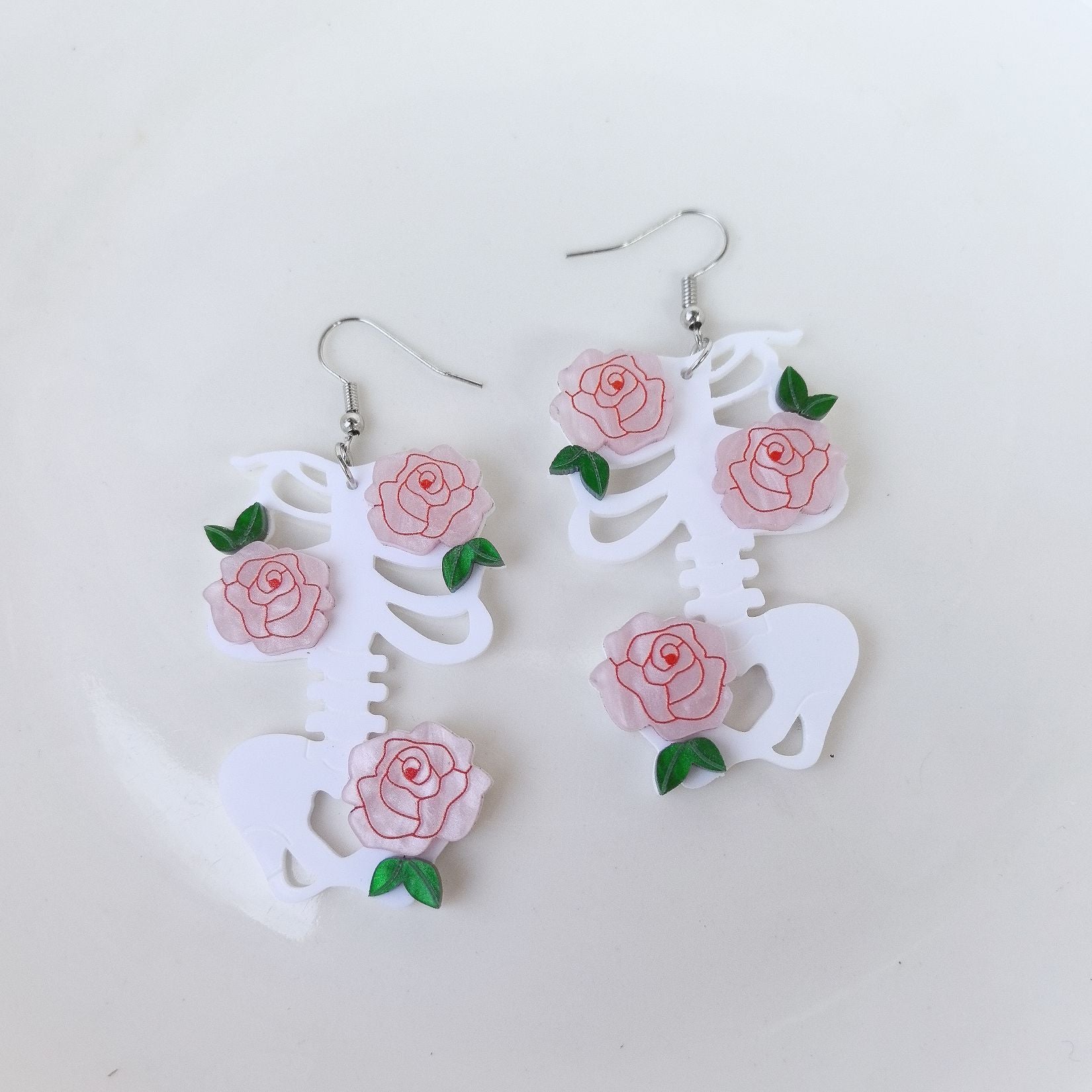 Wholesale Acrylic  Flower Valentine's Day Pink Red Rose Leaf Skeleton Earrings