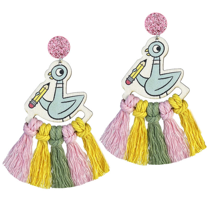 Wholesale 2 Pairs/pack Teacher's Day Colorful Tassel Earrings Hand-woven Multi-color Cute Wood Earrings ACC-ES-HY141