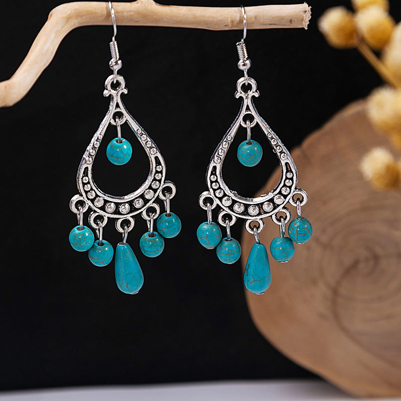 Wholesale Retro Ethnic Style Blue Turquoise Hollow Ring Flower Tassel Earrings Jewelry Accessory