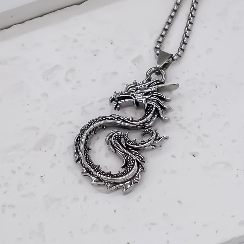 Wholesale Trendy Dragon Totem Pendant Necklace Silver Alloy Clavicle Chain Unisex Chinese Style Gift Resale