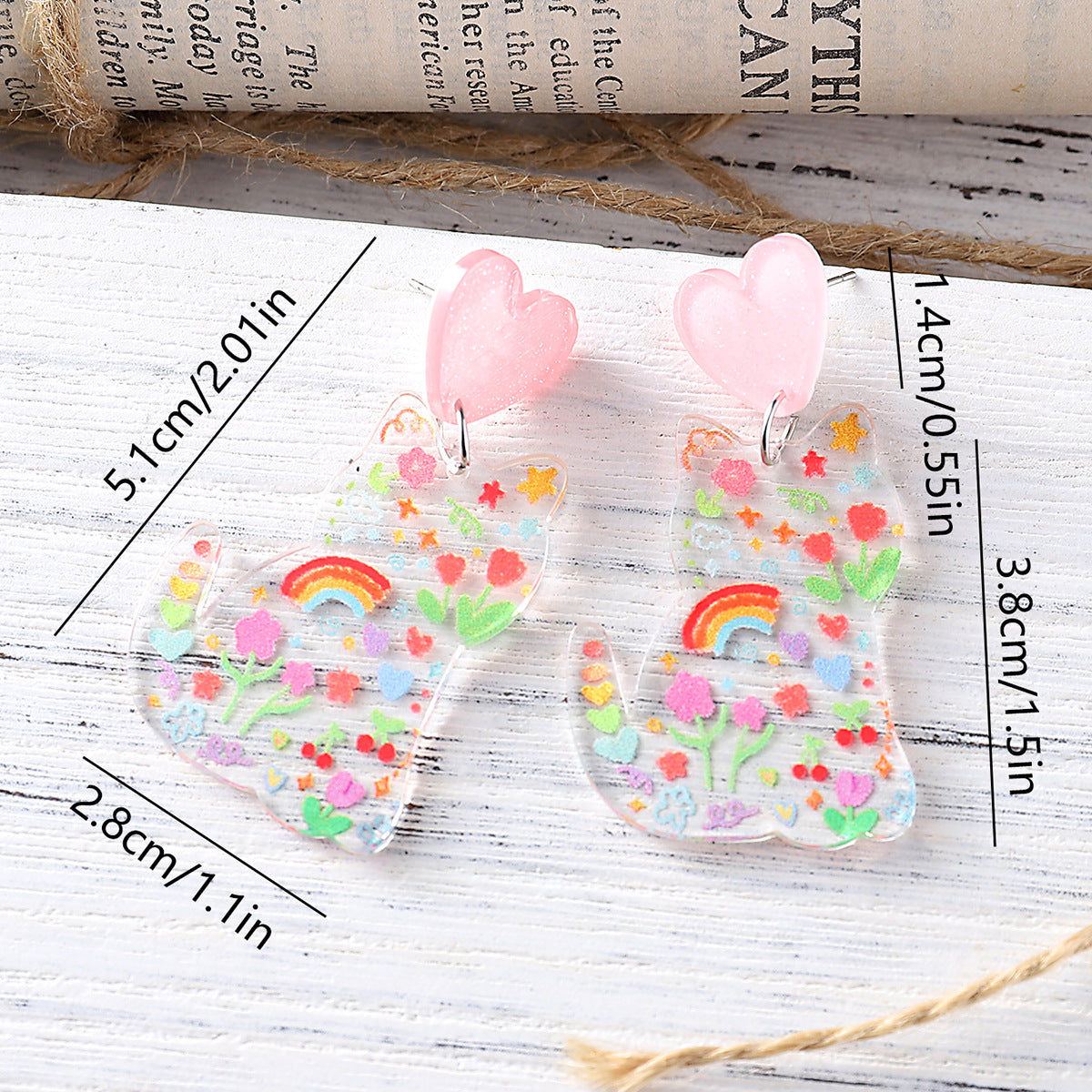 Wholesale  Cute Flowers Rainbow Wave Dot Cat Love Acrylic Pendant Earrings
