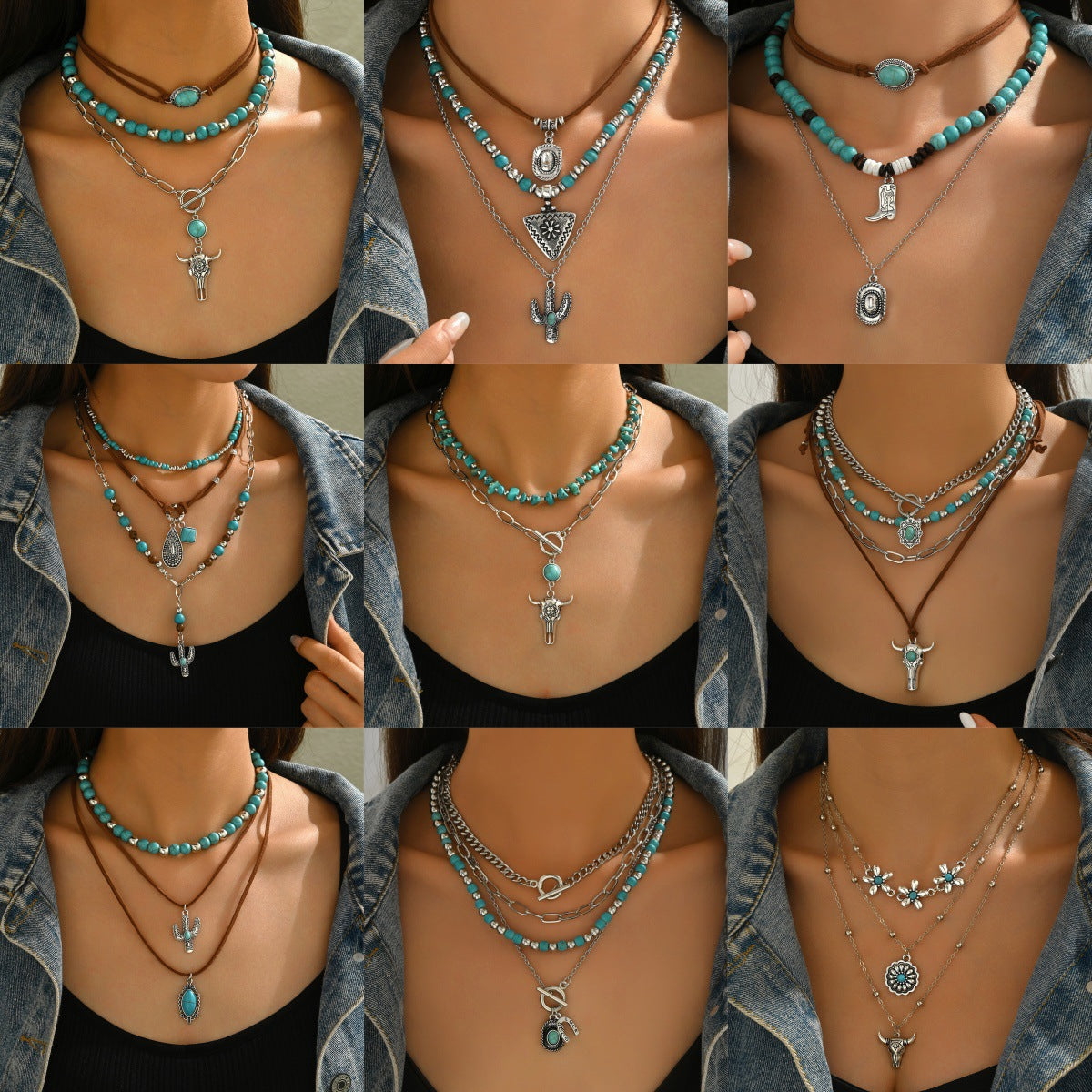 Wholesale Electroplated Alloy Cowboy Necklace Set Vintage Bull Head Turquoise Jewelry Accessory