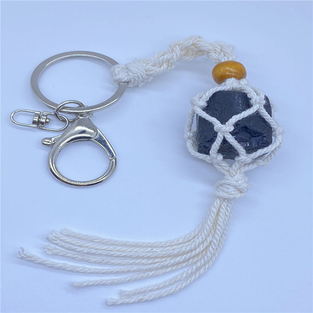Wholesale Crystal Raw Stone Woven Mesh Pocket Keychain Natural Stone ACC-KC-Nius001