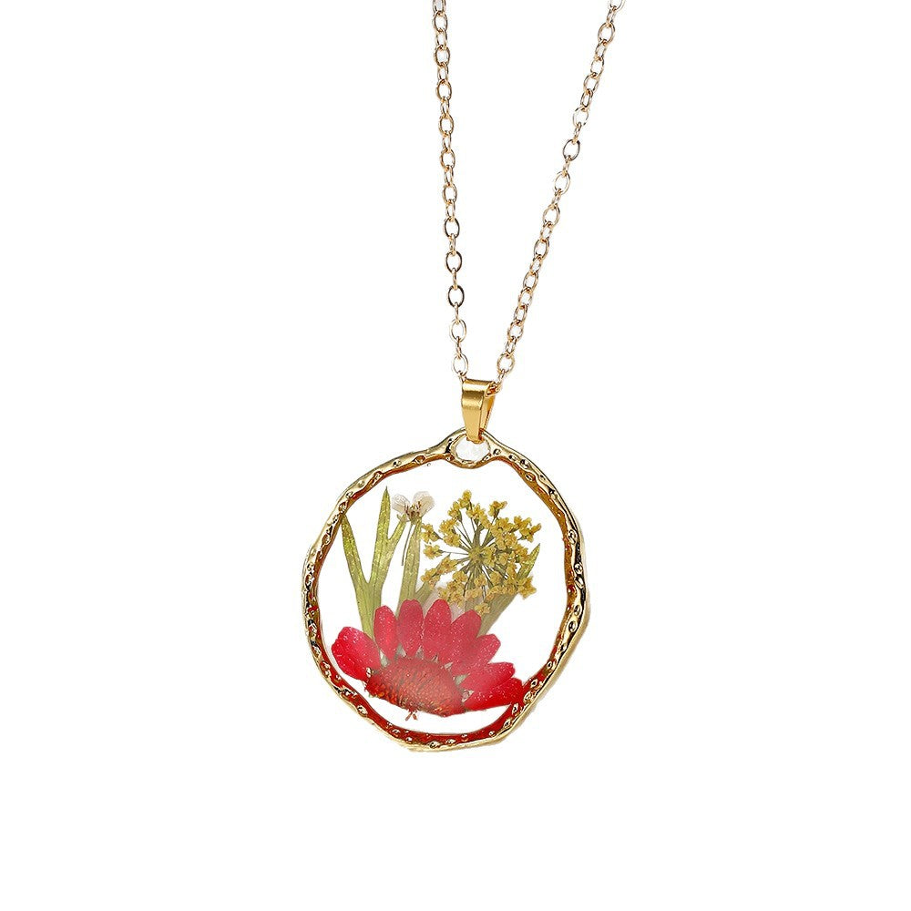 Wholesale Bohemian Dried Flower Clear Resin Pendant Necklace Colorful Flower Collarbone Chain Jewelry Accessory Gift