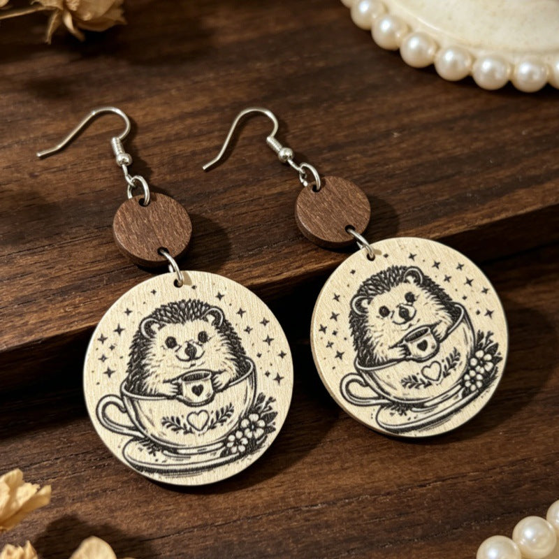Wholesale Wooden Retro Earrings,  Hedgehog Star Print,  Fashion Accessory for Everyday Wear