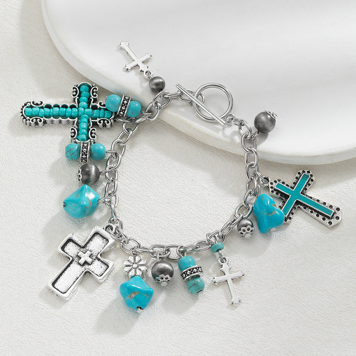 Wholesale  Turquoise Antique Cross Beaded Carved Silver Turquoise Retro  Bracelet