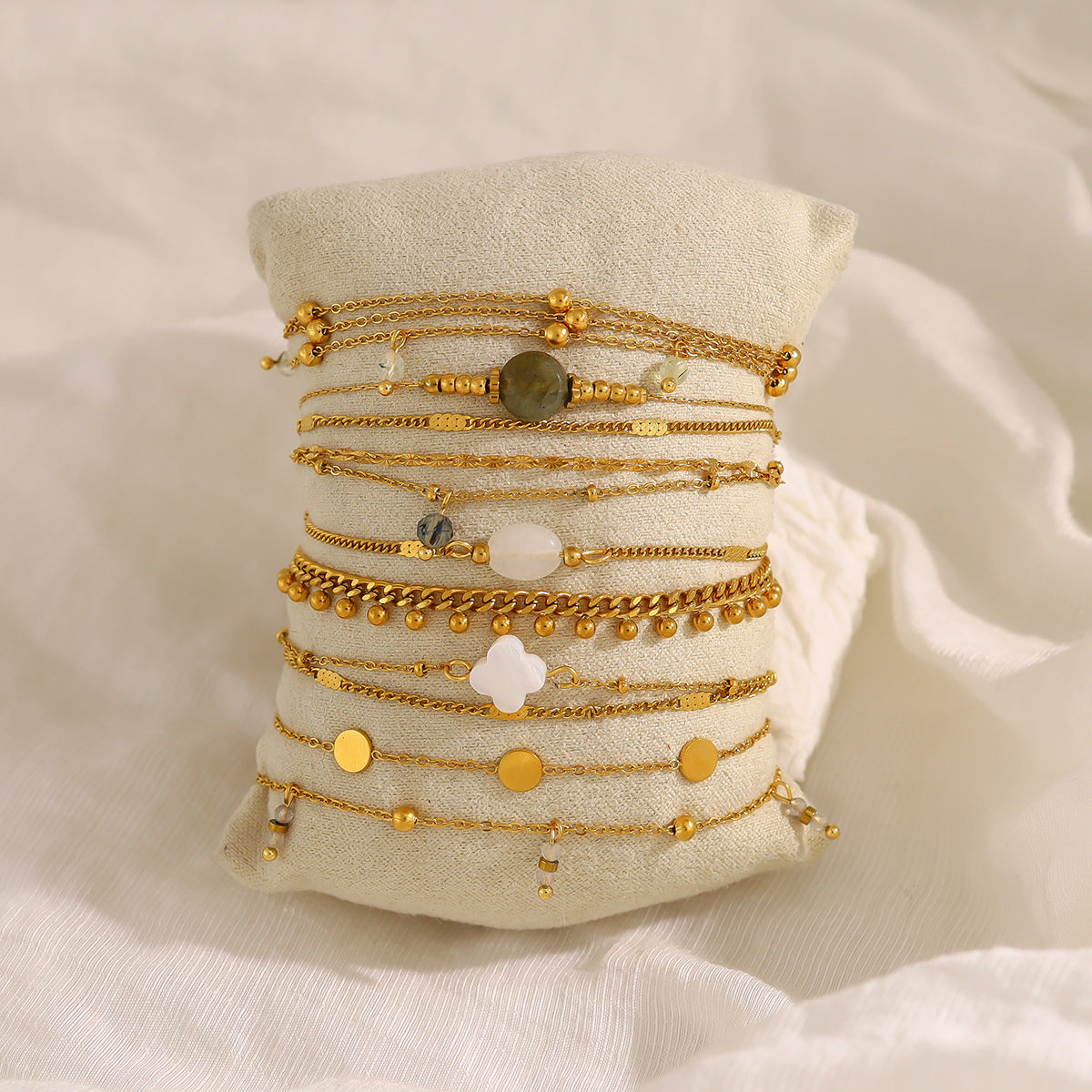 Wholesale Titanium Steel Stacked Bracelet suit Four-leaf Clover Natural Shell Pendant Bracelet suit