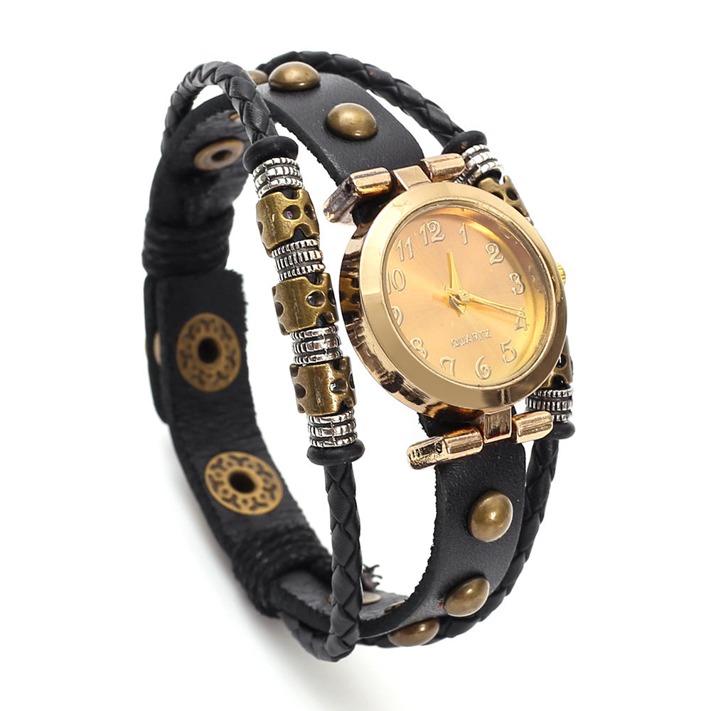 Wholesale Faux Leather Bracelet Watch For Women Multi Layer Woven Rivet Retro Punk Style Fashion Accessory Boutique Resale Gift