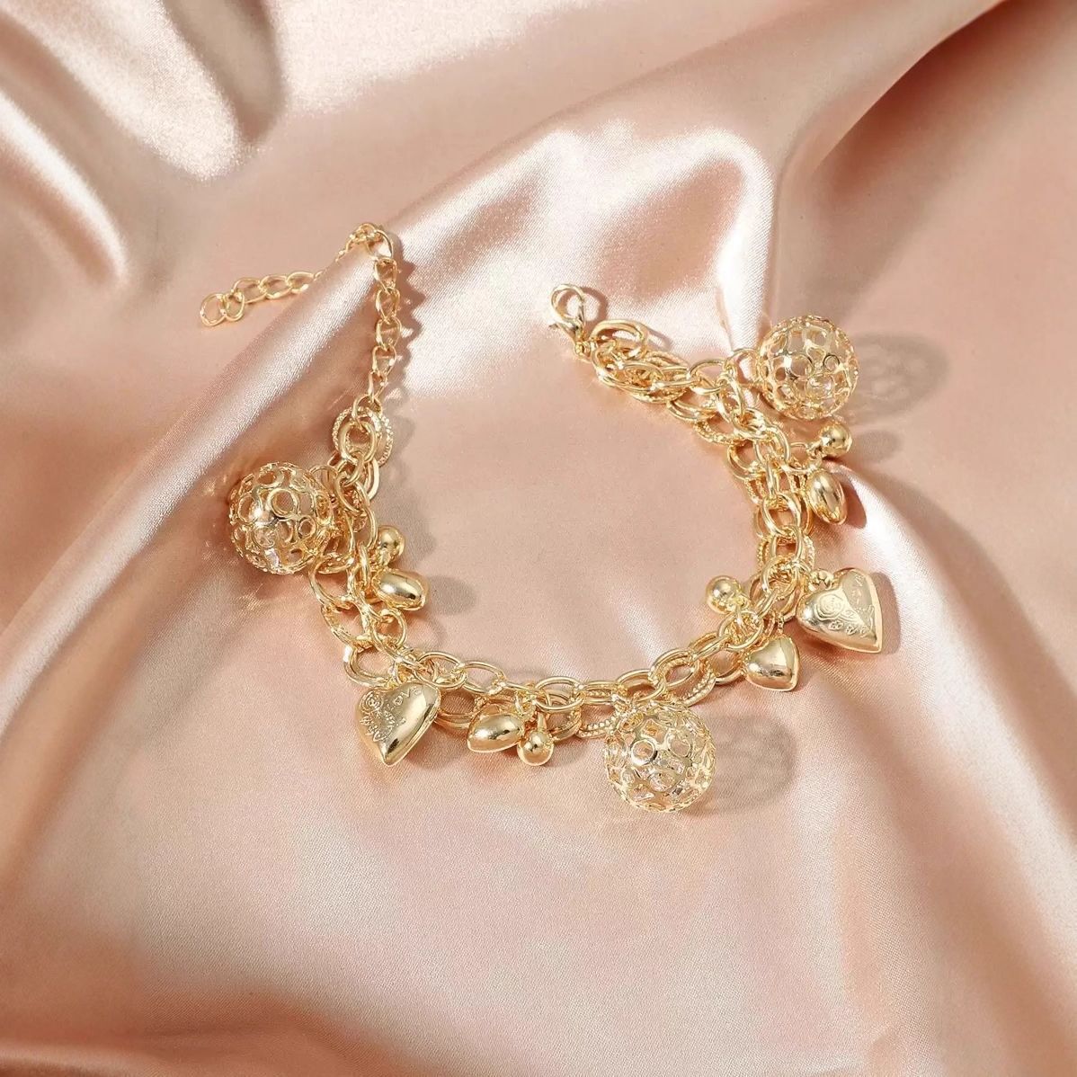 Wholesale Fashionable Cross-Border Korean Style Heart Letter Hollow Ball Pendant Double-Layer Bracelet Exquisite Gold Versatile Personalized Bracelet