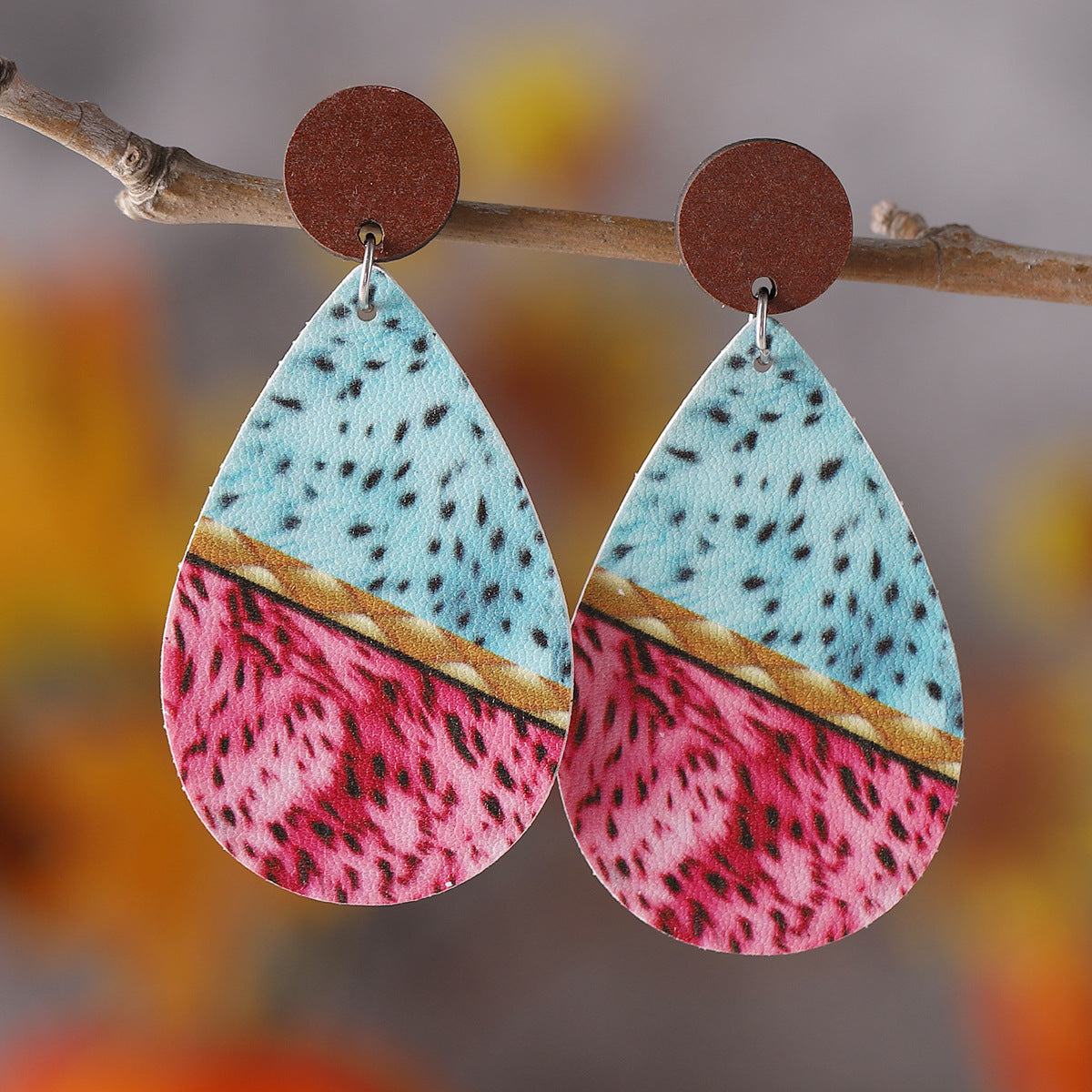 Wholesale Western Style Colorful Leopard Zebra Leather Wood Piece Stitching Earrings ACC-ES-ChuLian136