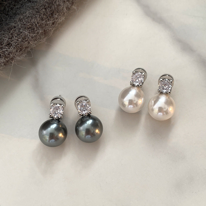 Wholesale Grey Classic Princess Diana Pearl Earrings Light Luxury Diamond-studded Sterling Silver Earrings