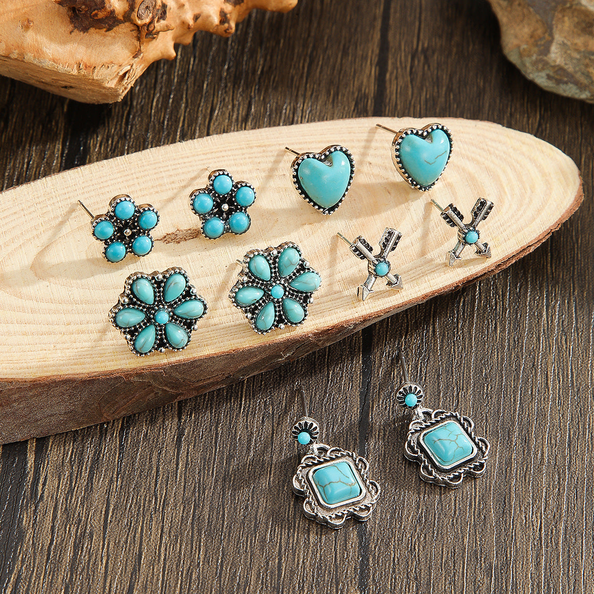 Wholesale retro western turquoise flower love earrings suit