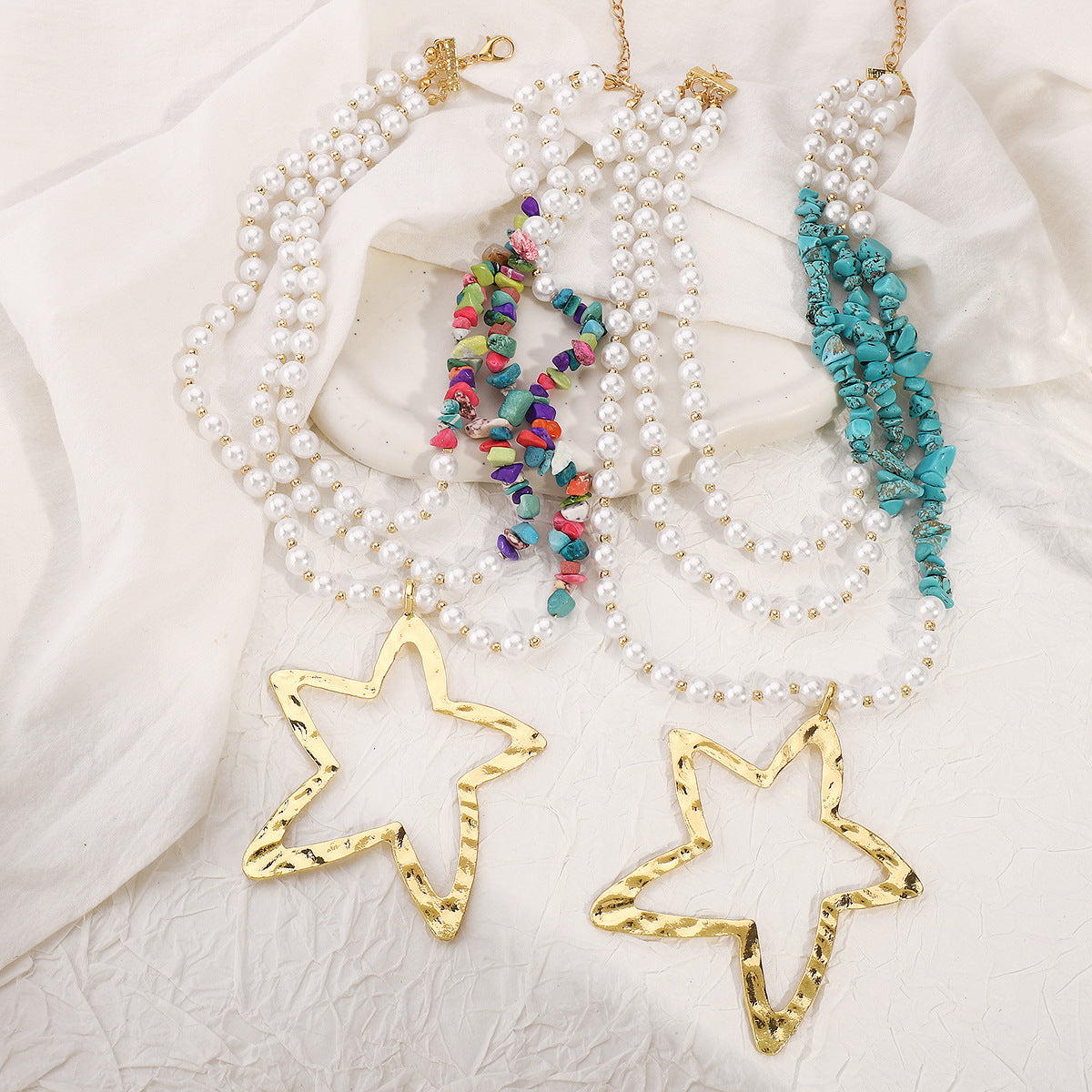 Wholesale  Exaggerated Imitation Pearl Beaded necklace Turquoise Necklace Multi-layer Simple Star Necklace