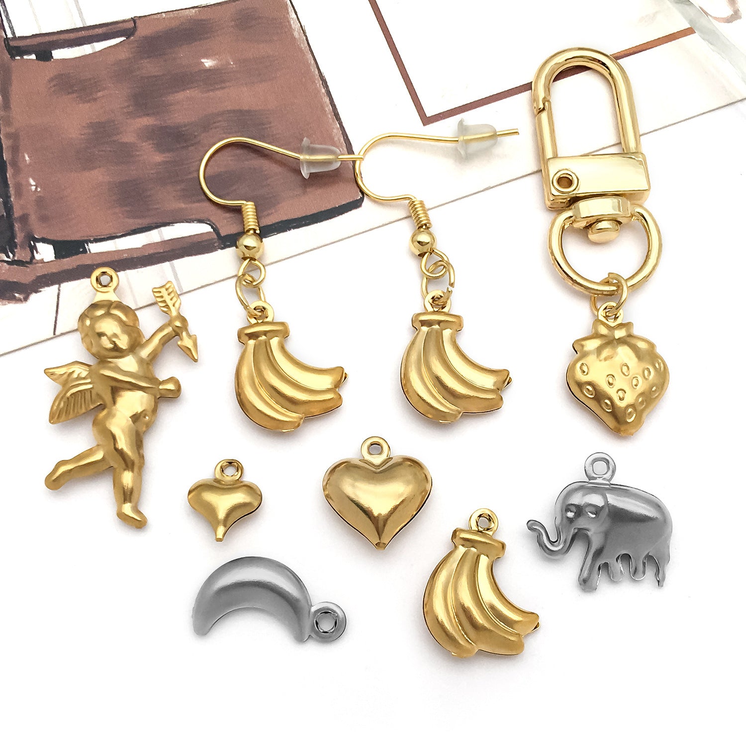 Wholesale Stainless steel vacuum plated hollow angel heart fruit  Charms