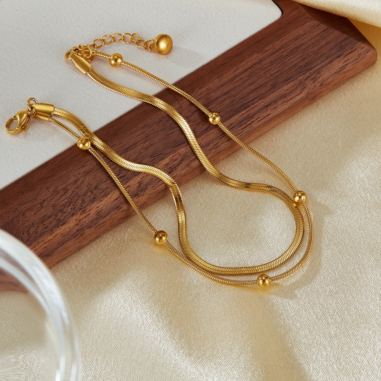 Wholesale Stainless Steel Double Layer Stacked Small Round Bead Gold Plated Foot Chain