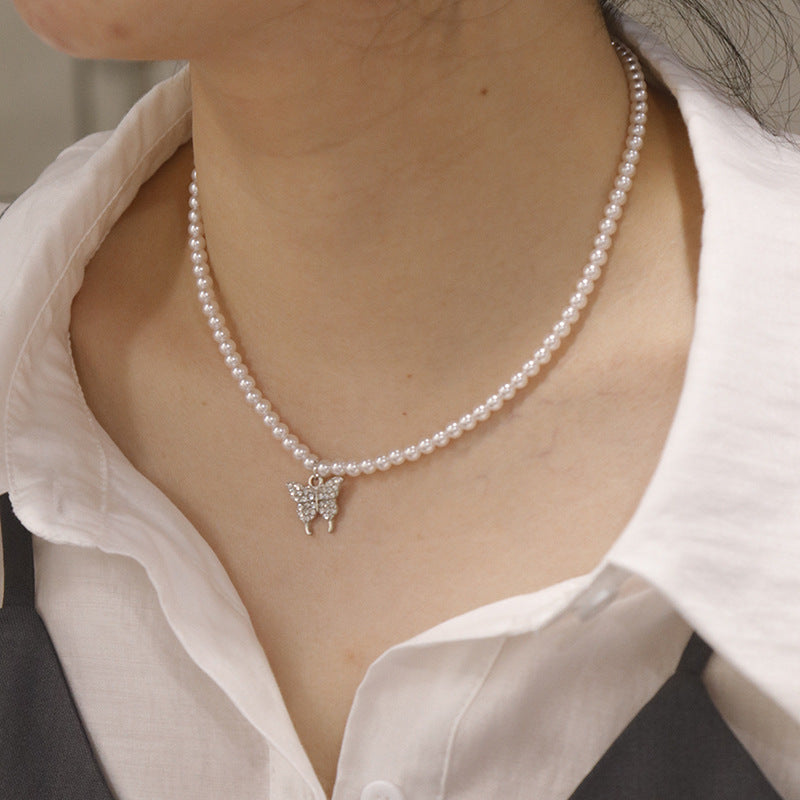 Wholesale  beaded pearl butterfly pendant niche clavicle chain
