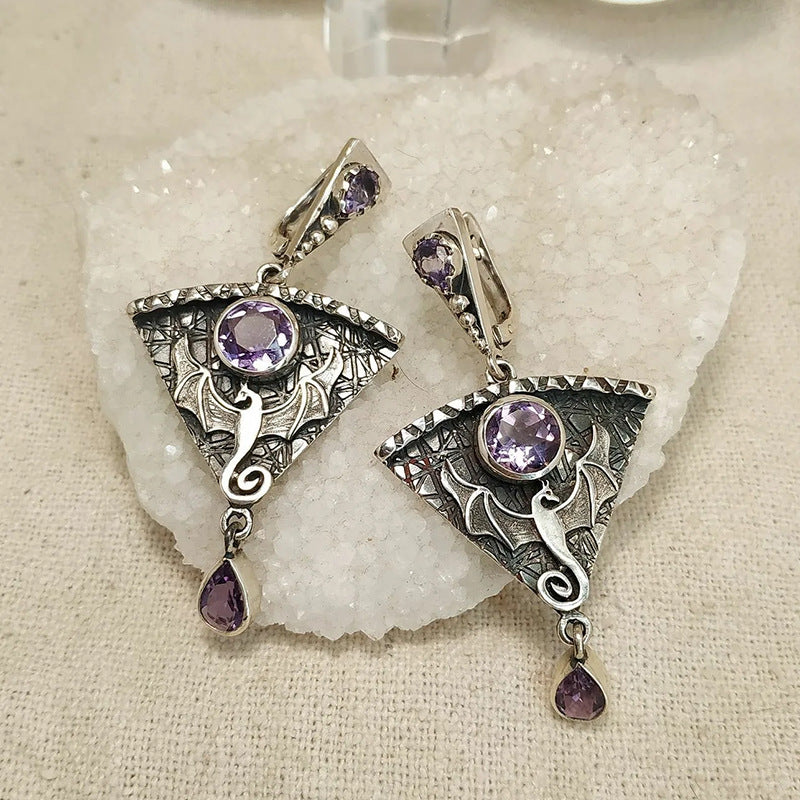 Wholesale Dragon Gothic Punk Metal Earrings Pink Stone Inlaid Pendant Jewelry