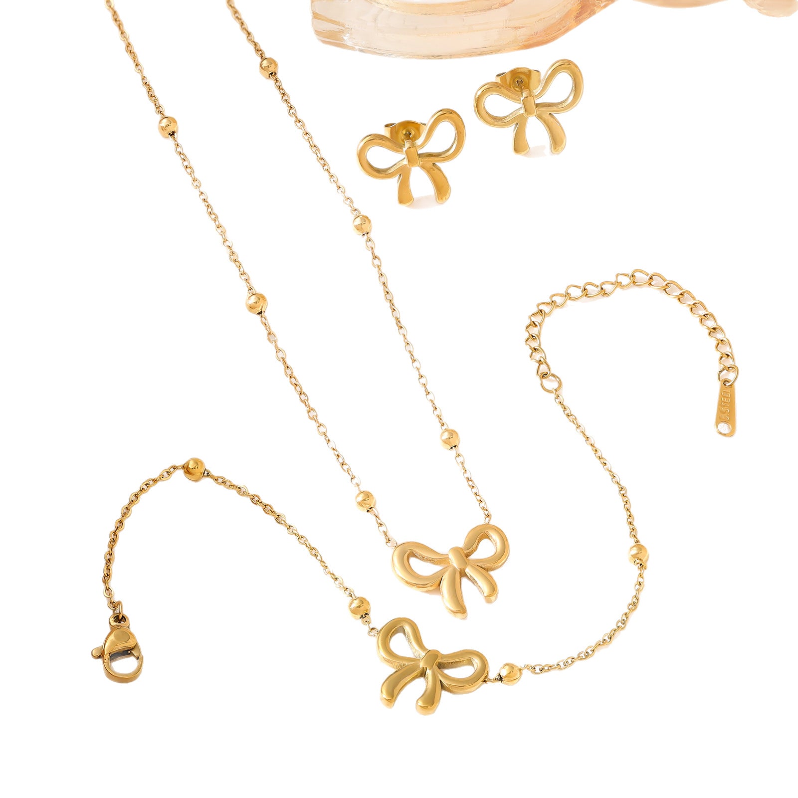 Wholesale Bow Ball Bead Titanium Steel Bracelet Necklace Earring Set Women' s Fashionable Temperament Versatile