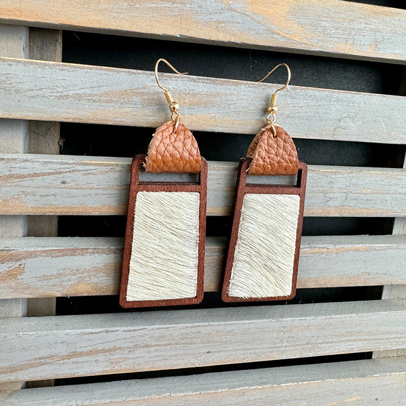 Wholesale Western Style Genuine Leather Earrings, Leopard Print Cow Pattern Geometric Hollow Earrings ACC-ES-XinChuan003