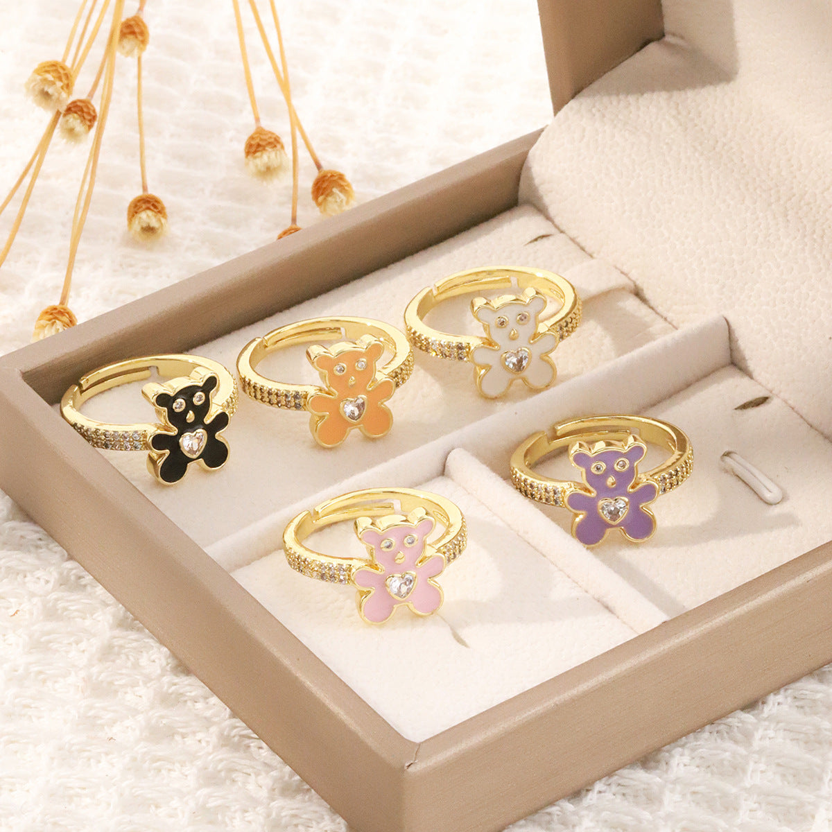 Wholesale Cute Colorful Oil Drip Bear Open Ring Copper Micro Inlaid Zircon Adjustable Rings ACC-RS-MeiWeite001