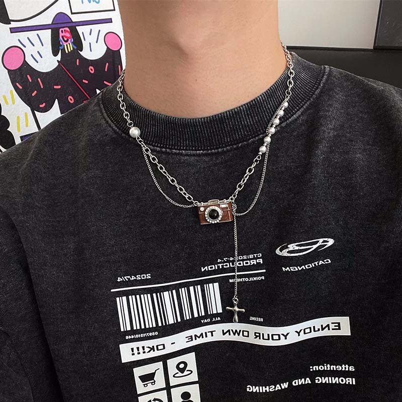 Wholesale  Titanium Steel Brown Camera Pearl Necklace  Light Luxury  Long Chain