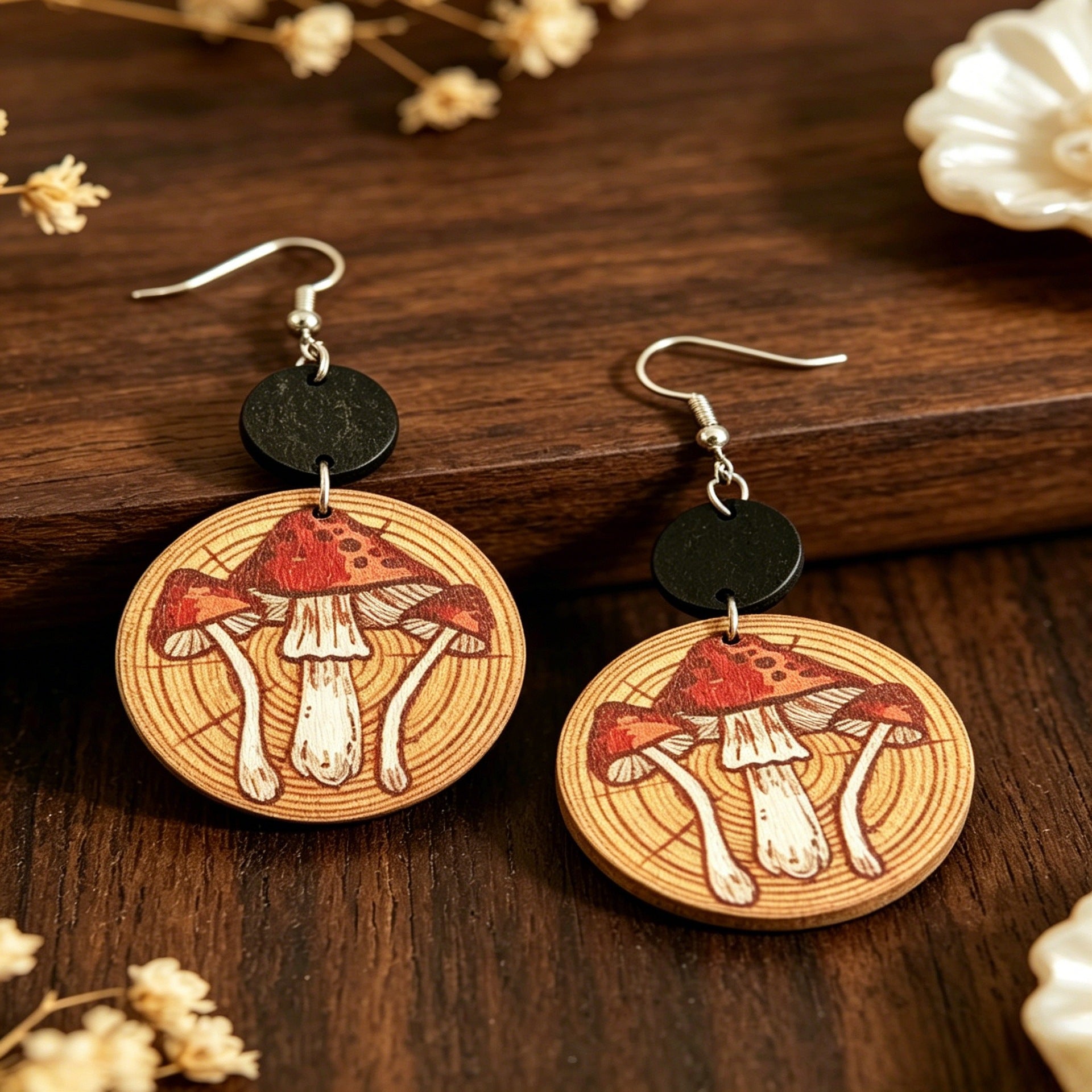 Wholesale Wooden Round Mushroom Print Earrings - Fashion Accessory for Women