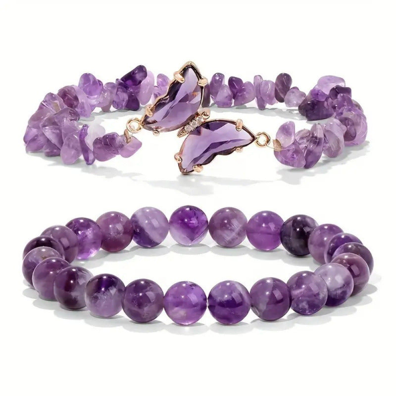 Wholesale Butterfly Design Natural Stone Bracelet Set - Amethyst Handmade Beads Jewelry Accessory