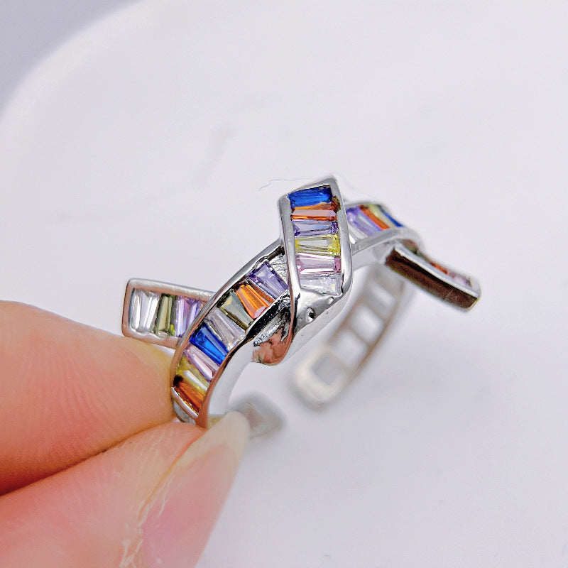 Wholesale Colored Gemstone Zircon Rectangular Silver Ring Light Luxury Rings ACC-RS-YXY035
